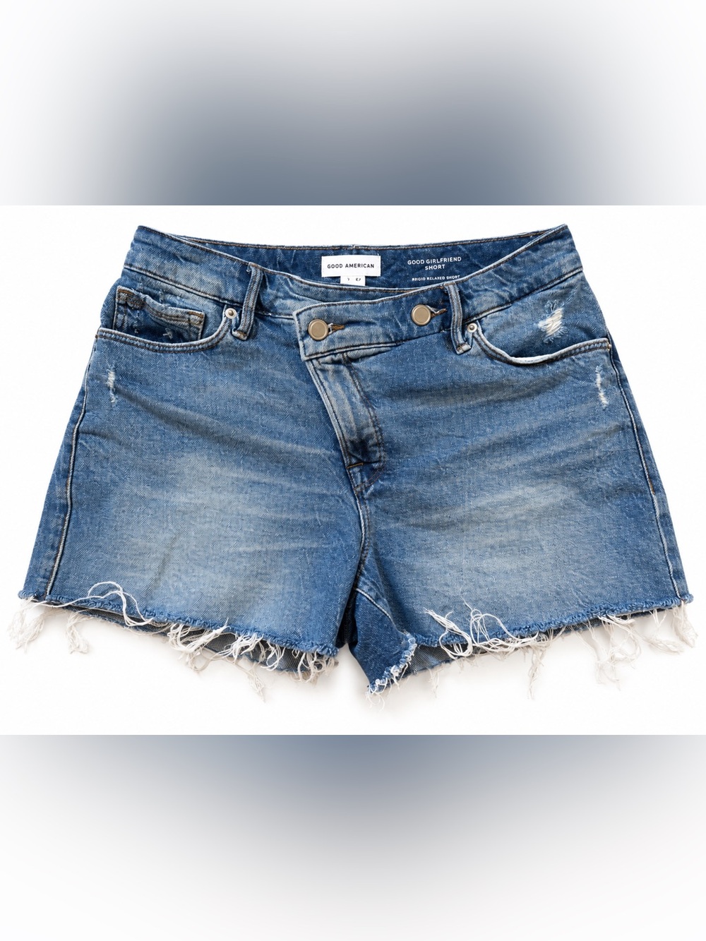 Good American Blue Distressed Frayed Hem Denim Shorts
